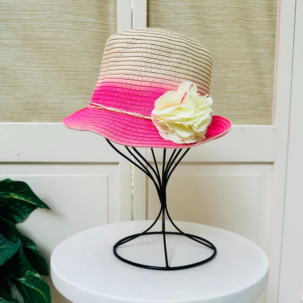 Capelli Kids Straw Fedora Hat Tan and Pink with Flower Little Girls Straw Hat